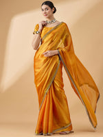 Thumbnail for Mustard Organza Swaroski Diamond Work Saree with Unstitched Blouse - Radha - Distacart
