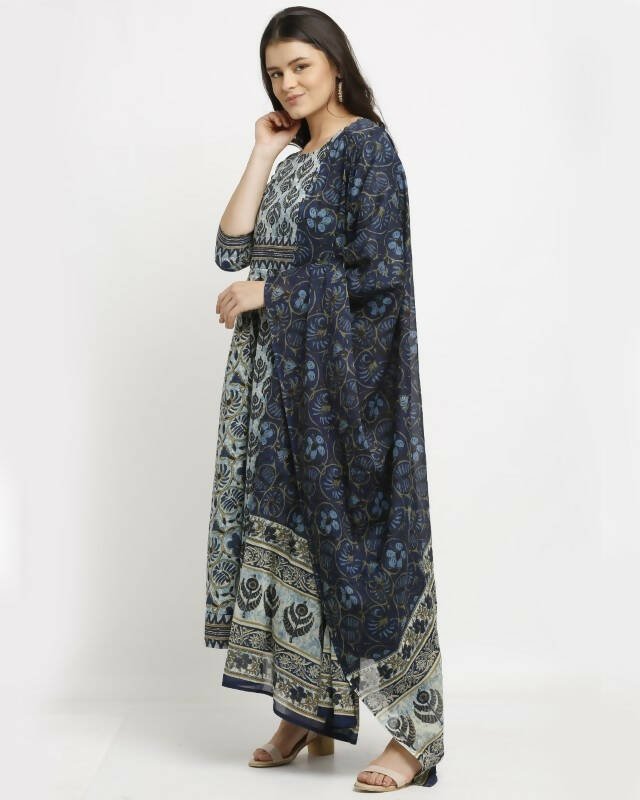 Aastha Fashion Women's Navy Blue Cotton Printed Kurta with Trouser & Dupatta - Distacart