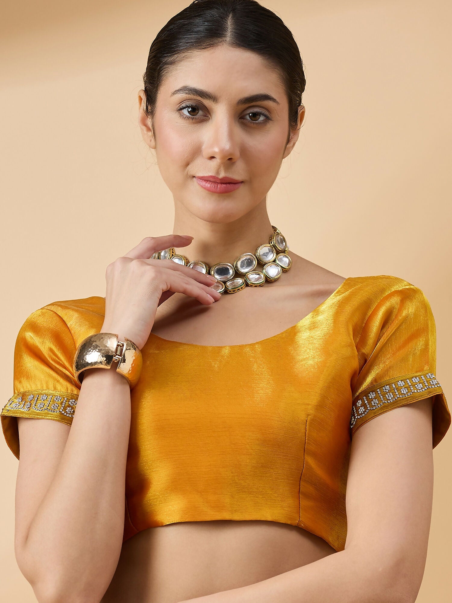 Mustard Organza Swaroski Diamond Work Saree with Unstitched Blouse - Radha - Distacart