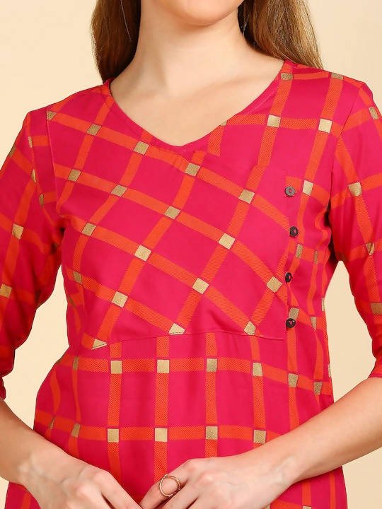 Anubhutee Magenta & Orange Checked Angrakha Kurti - Distacart