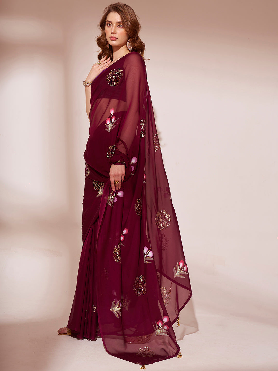 NOZ2TOZ Women Party Wear Organza Saree with Unstitched Blouse - Maroon
