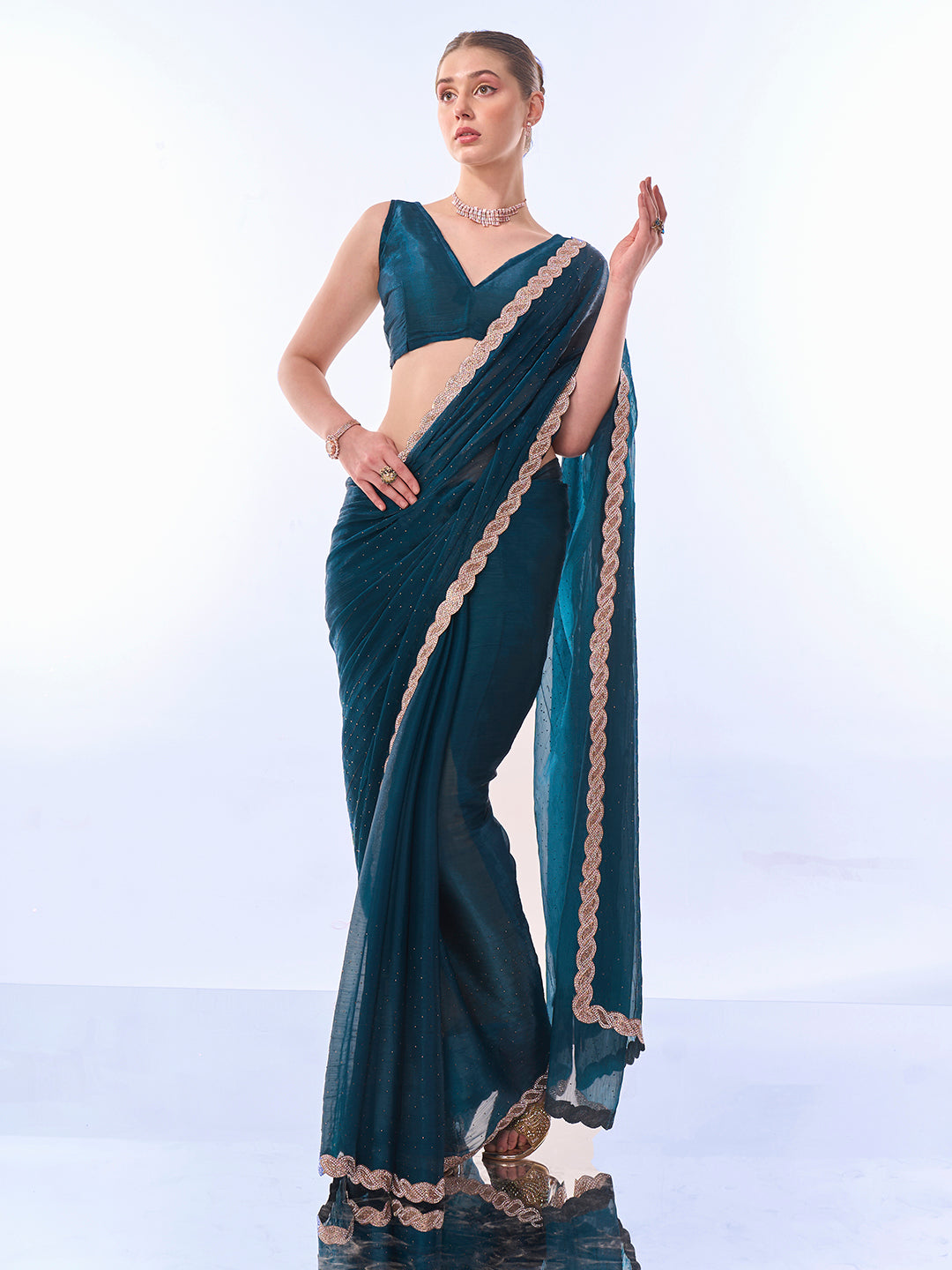 NOZ2TOZ Women Party Wear Printed Premium Organza Saree with Unstitched Blouse - Nile Blue