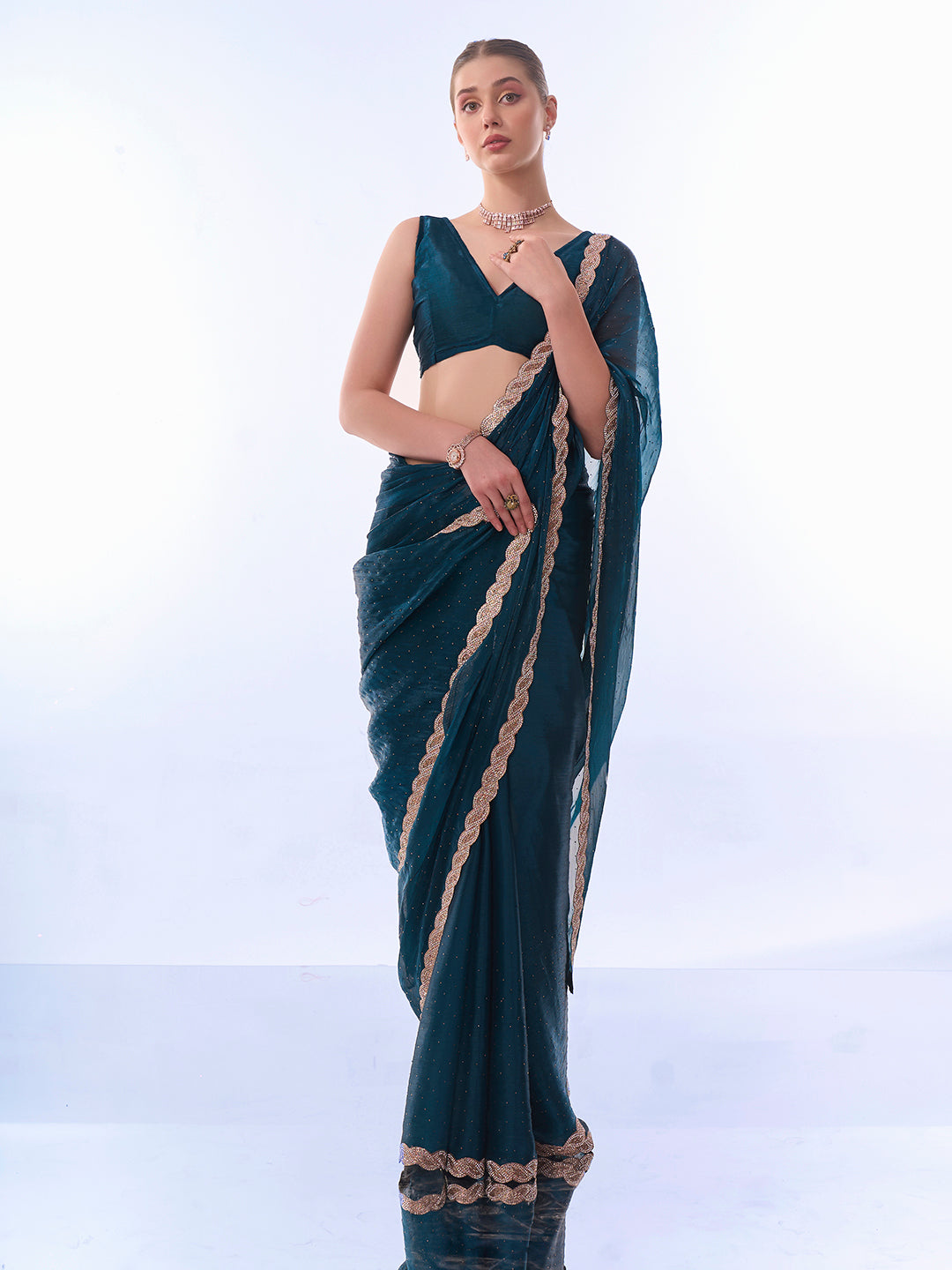 NOZ2TOZ Women Party Wear Printed Premium Organza Saree with Unstitched Blouse - Nile Blue
