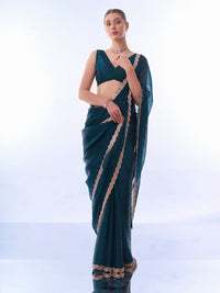 Thumbnail for NOZ2TOZ Women Party Wear Printed Premium Organza Saree with Unstitched Blouse - Nile Blue