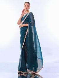 Thumbnail for NOZ2TOZ Women Party Wear Printed Premium Organza Saree with Unstitched Blouse - Nile Blue