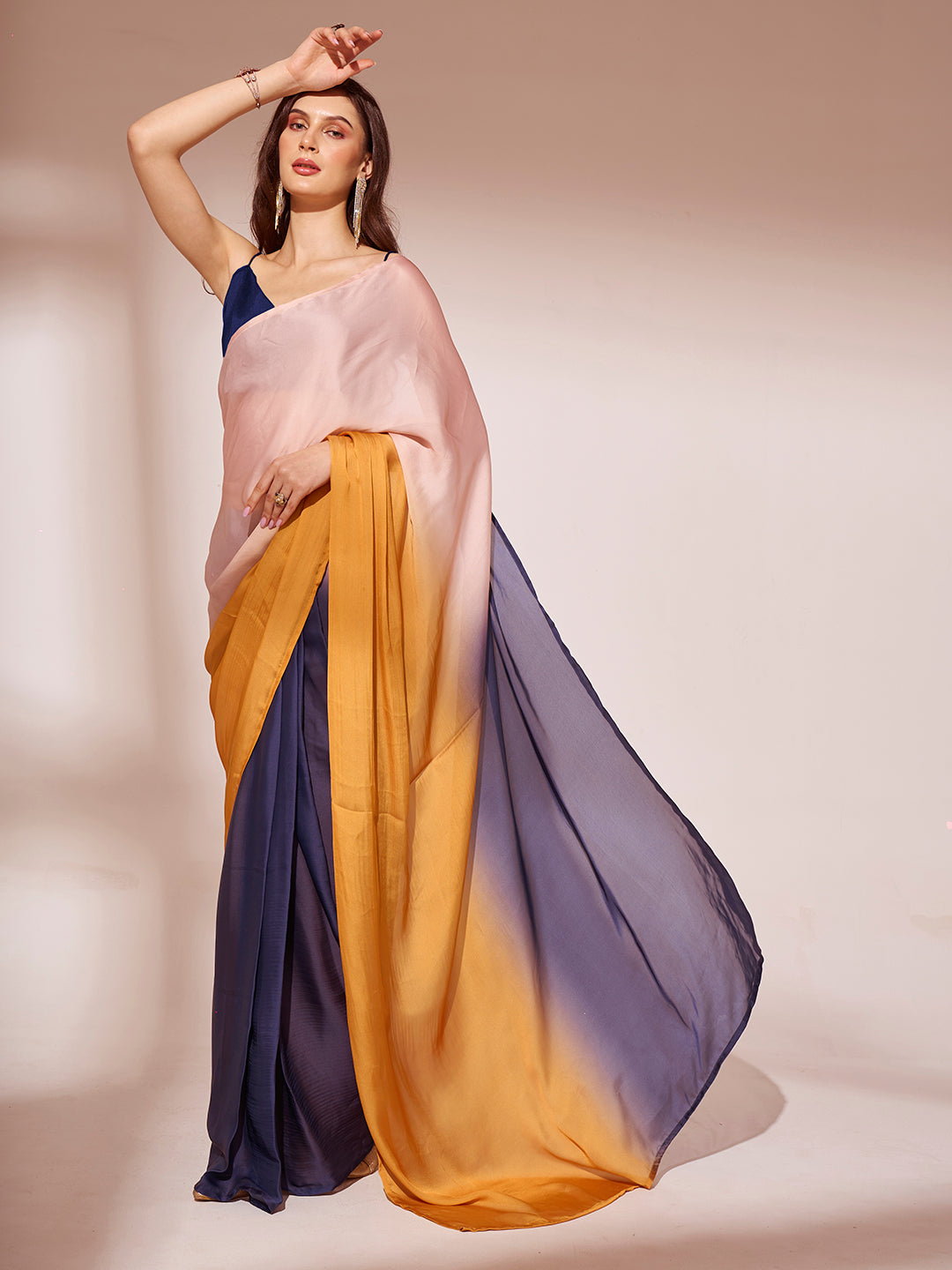 NOZ2TOZ Women Party Wear Printed Ready to Wear Satin Georgette Saree with Unstitched Blouse(Size up to 42) - Yellow & Blue
