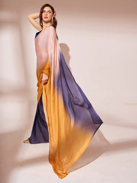 Thumbnail for NOZ2TOZ Women Party Wear Printed Ready to Wear Satin Georgette Saree with Unstitched Blouse(Size up to 42) - Yellow & Blue