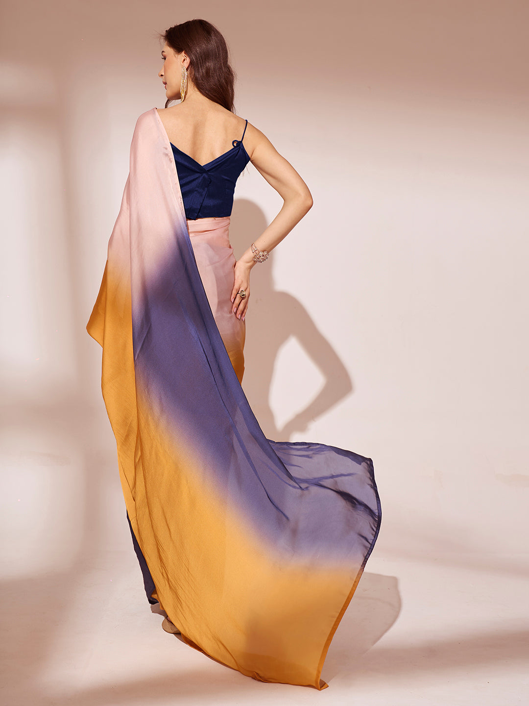NOZ2TOZ Women Party Wear Printed Ready to Wear Satin Georgette Saree with Unstitched Blouse(Size up to 42) - Yellow & Blue