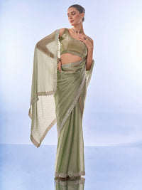 Thumbnail for NOZ2TOZ Women Party Wear Printed Premium Organza Saree with Unstitched Blouse - Mahendi Green