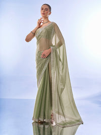 Thumbnail for NOZ2TOZ Women Party Wear Printed Premium Organza Saree with Unstitched Blouse - Mahendi Green