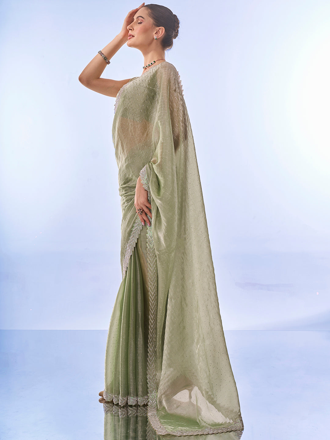 NOZ2TOZ Women Party Wear Printed Premium Organza Saree with Unstitched Blouse - Mahendi Green