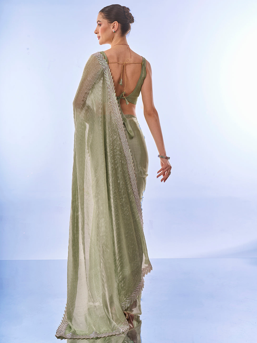 NOZ2TOZ Women Party Wear Printed Premium Organza Saree with Unstitched Blouse - Mahendi Green