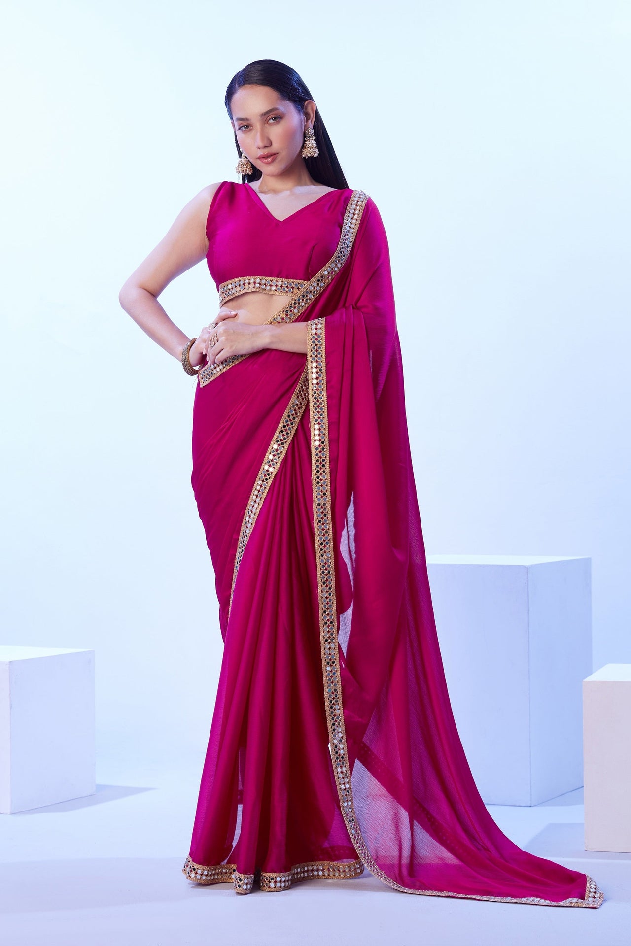 NOZ2TOZ Women Party Wear Satin Chiffon Saree with Lace Border Work