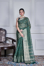 Thumbnail for Morchari Green Script Printed Orzanga Saree Unstitched Blouse