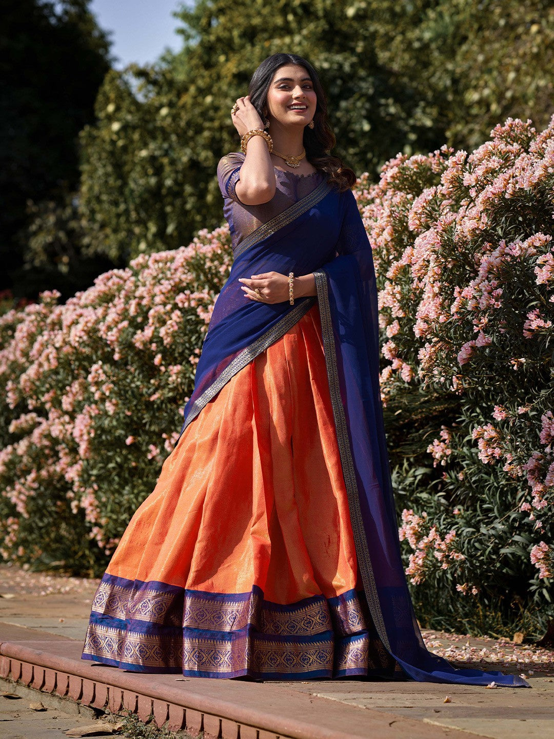 Evanik Women South-Style Kanchipuram Silk Stitched Lehenga With Unstitched Blouse & Dupatta