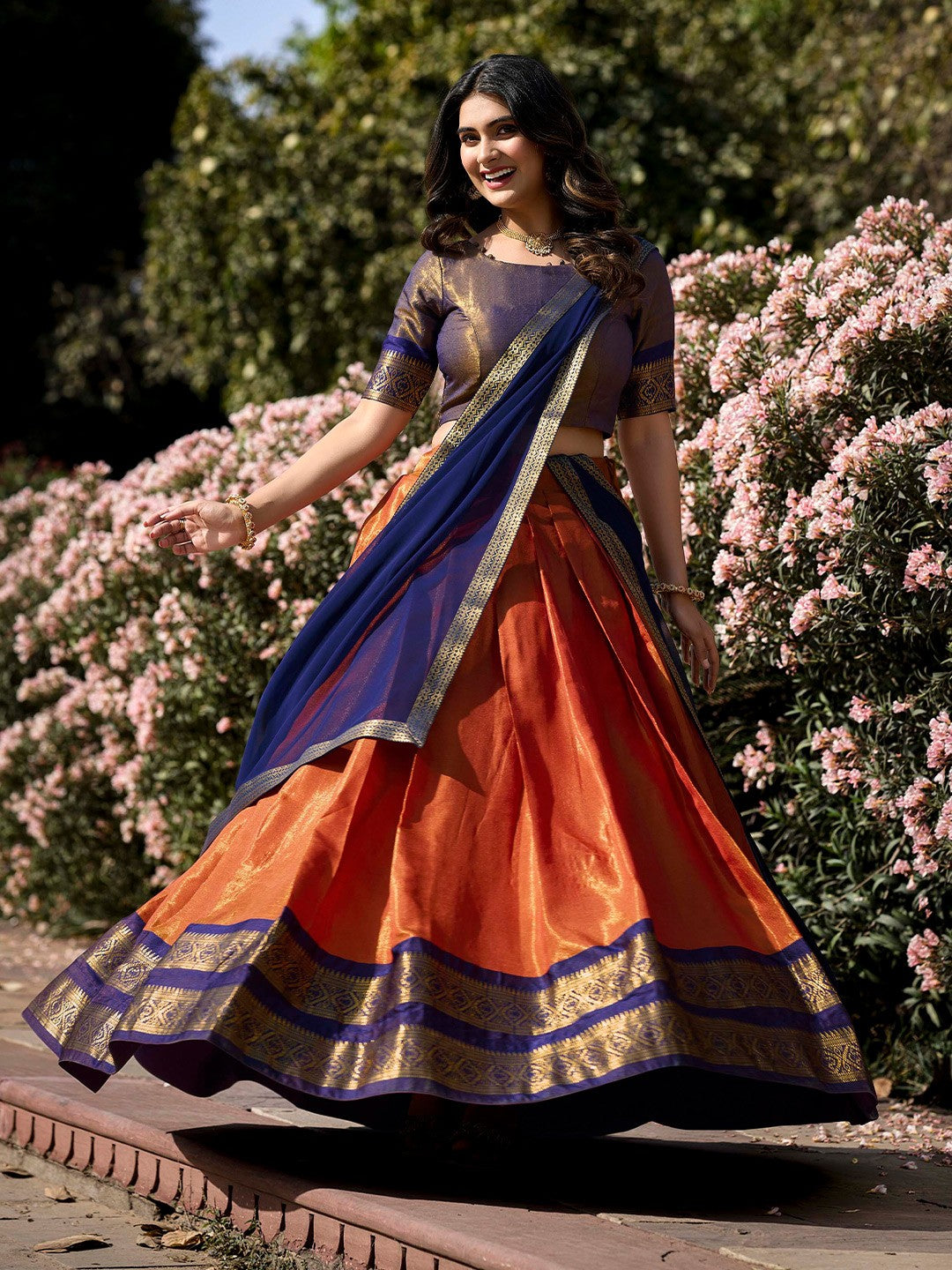 Evanik Women South-Style Kanchipuram Silk Stitched Lehenga With Unstitched Blouse & Dupatta