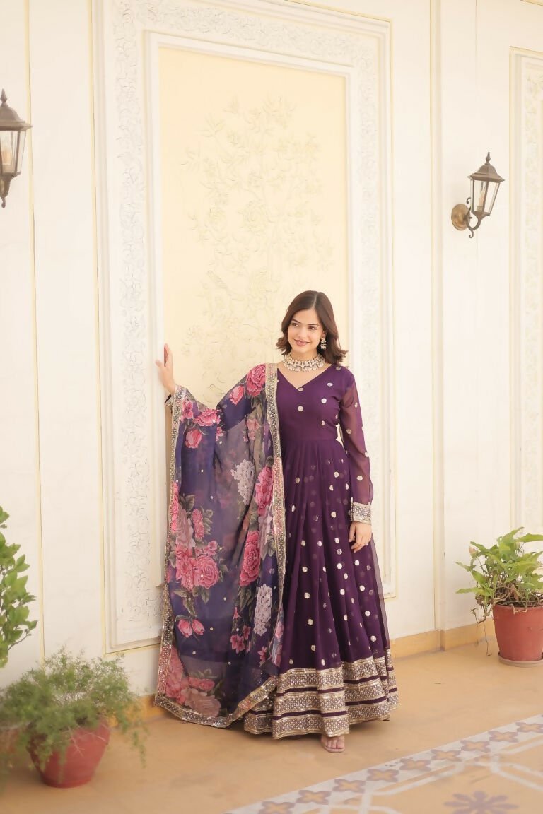 Aastha Fashion Women's Purple Faux Georgette Embroidery Zari Sequins-work Gown with Dupatta