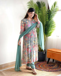 Thumbnail for Preksha Creation Designer Fine Cotton Suit Set Full Flared Mugal Print Straight Suit With Dupatta And Pant - Sky Blue