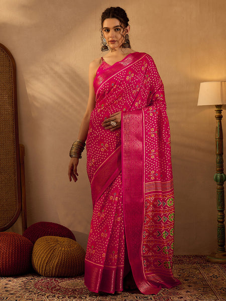 NOZ2TOZ Women's Silk Blend Pink Printed Designer Saree With Blouse Piece