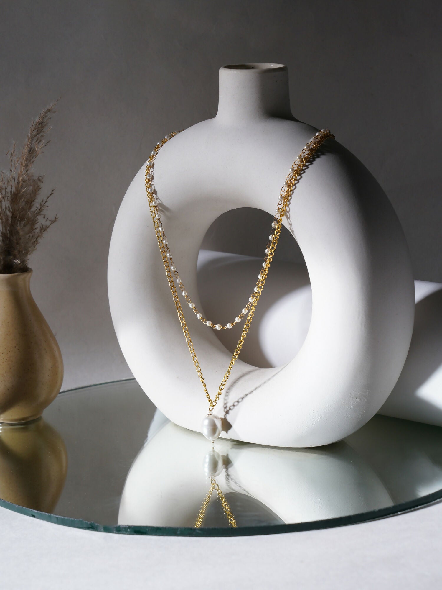 Layered Pearl and Gold Neckpiece with Emeralds (Gold) - Ruby Raang - Distacart