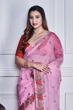 Thumbnail for Morchari Pink Supernet Cross Embroidery Saree Unstitched Blouse