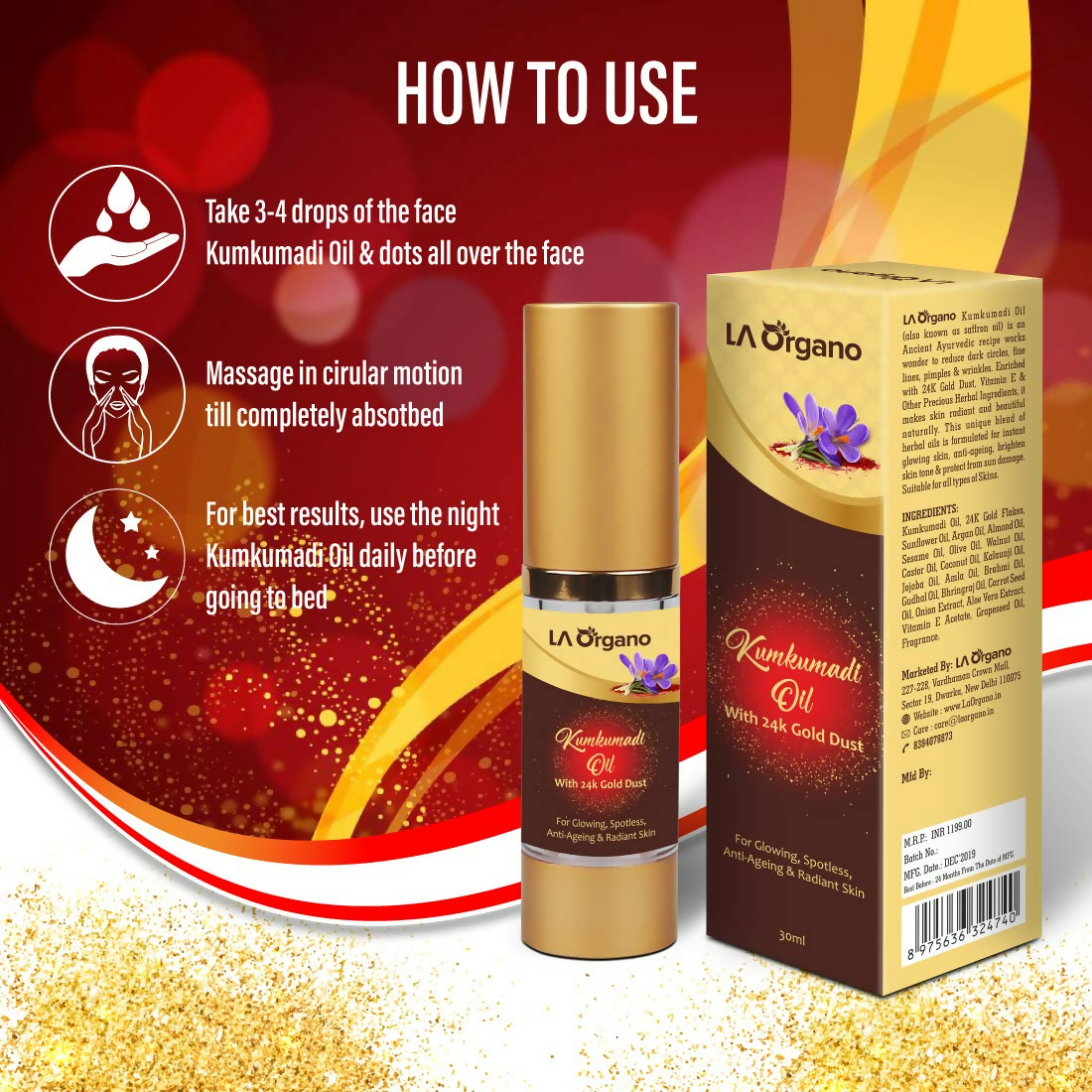 LA Organo Kumkumadi Oil Enriched with 24K Gold Dust - Distacart