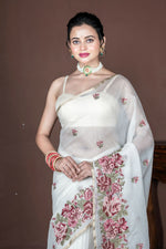 Thumbnail for Morchari Off White Supernet Cross Embroidery Saree Unstitched Blouse