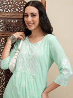 Thumbnail for Vishudh Green Floral Embroidered Thread Work Regular Kurta with Trouser - Distacart