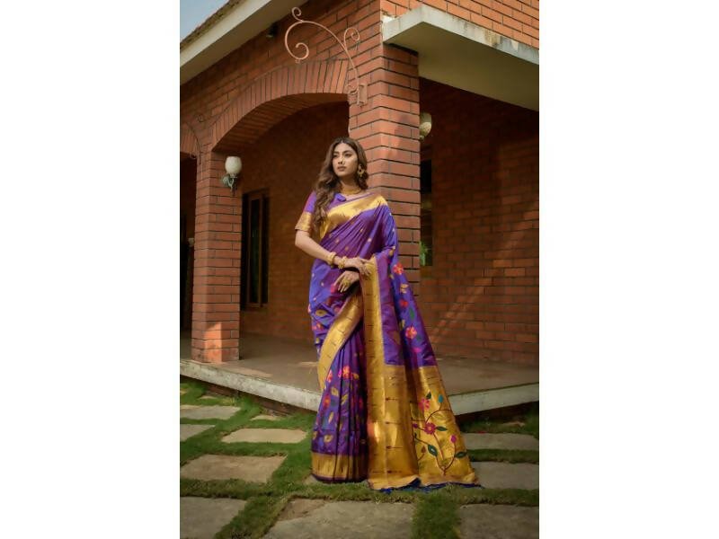 Aastha Fashion Women's Purple Paithani Silk Zari Woven Saree with Blouse - Distacart