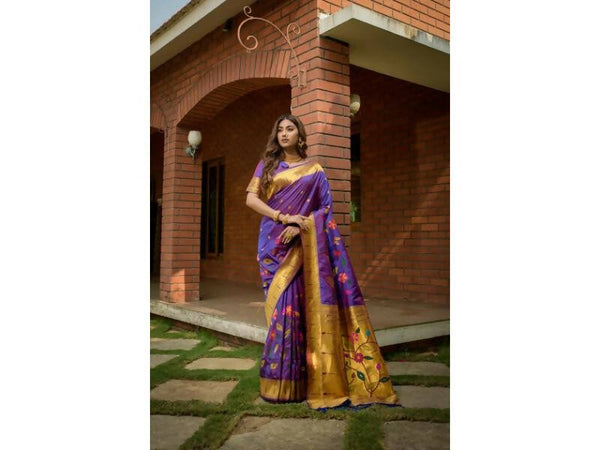 Aastha Fashion Women's Purple Paithani Silk Zari Woven Saree with Blouse - Distacart