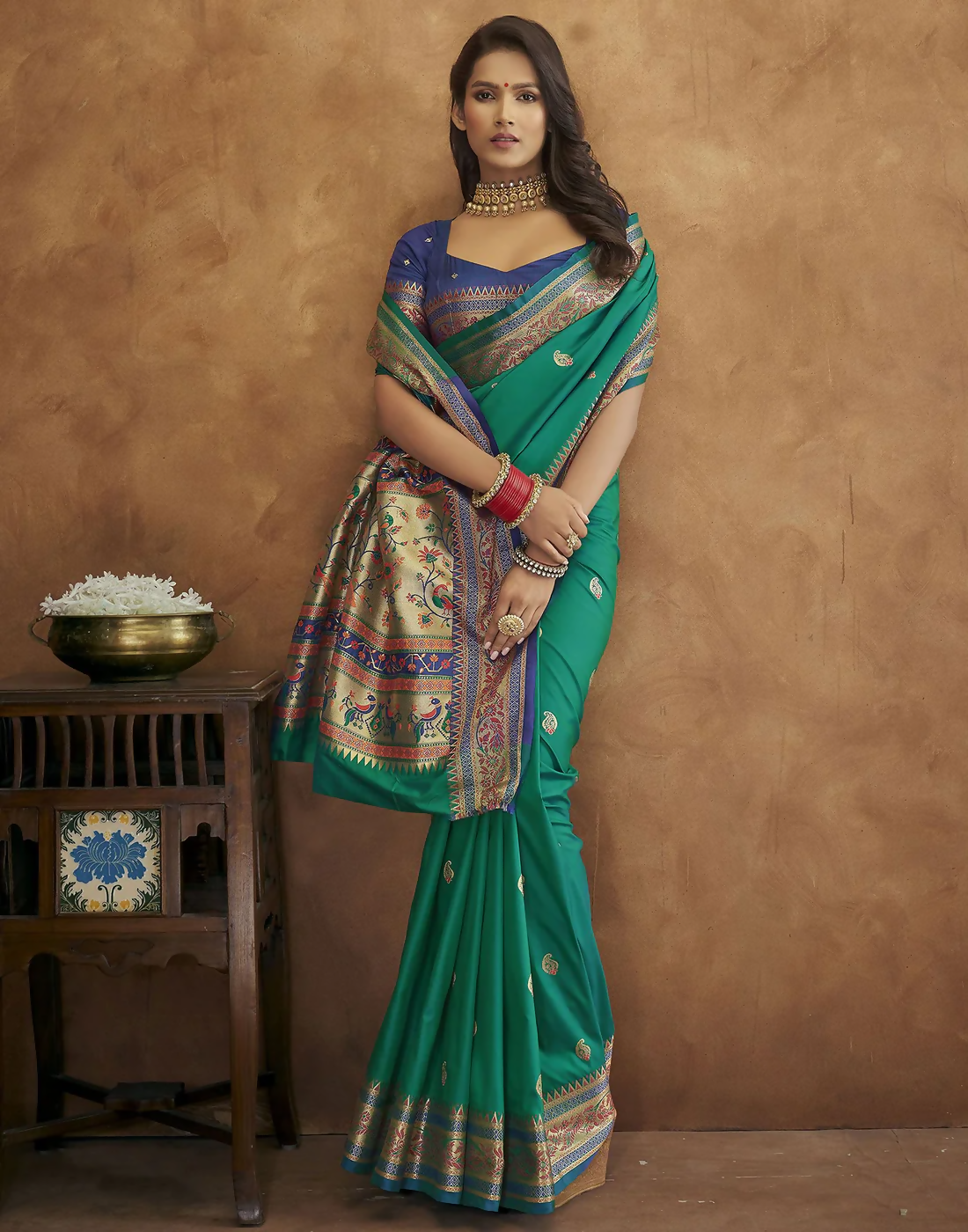 Vastranavya Turquoise Soft Paithani Silk Saree With Gold Zari Weaving Motifs With Matching Blouse Fabric - Distacart