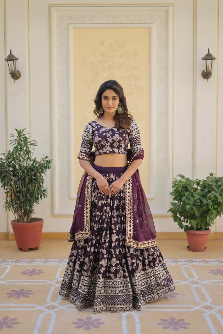 Vastranavya Designer Dyeable Pure Viscose Jacquard Fabric Lehenga Choli & Dupatta Set - Wine - Distacart