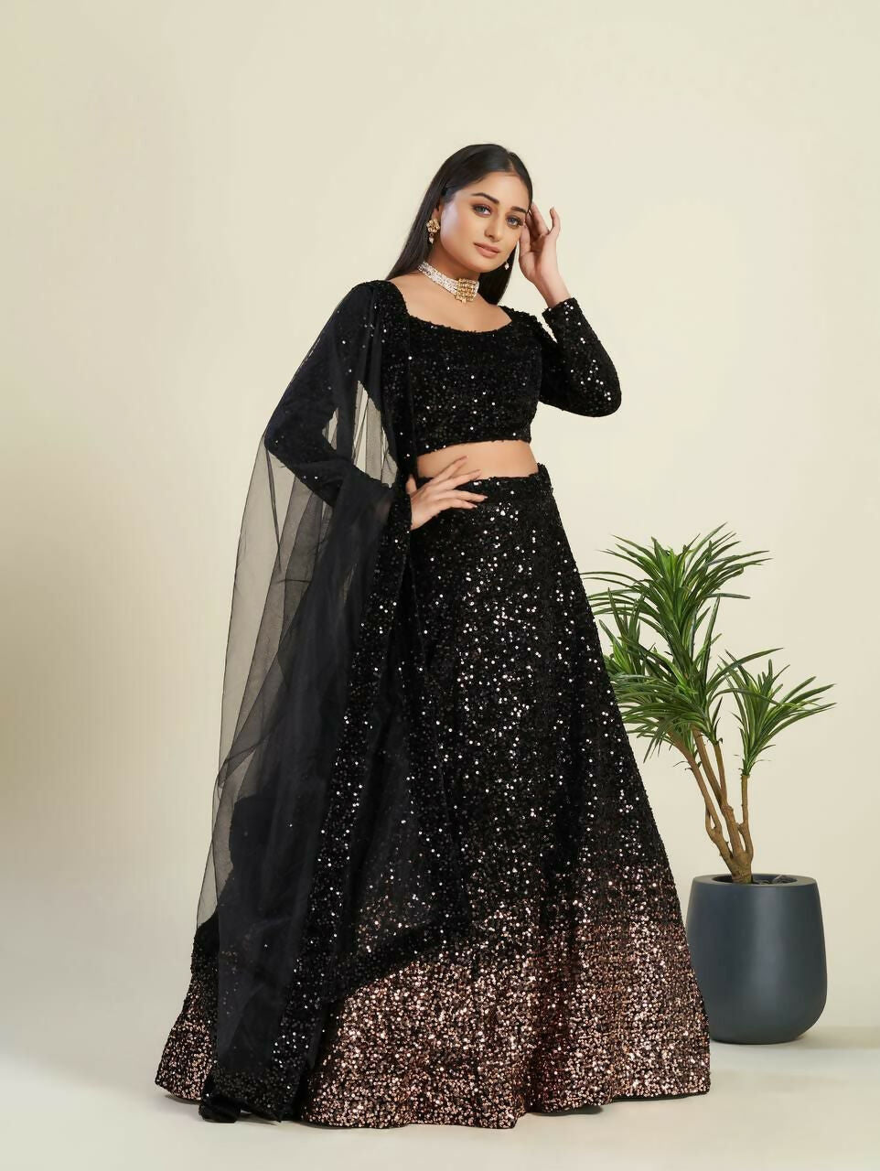 Jyoti Fashion Women's Black Velvet Heavy Sequins Semi Stitched Designer Lehenga Choli Set
