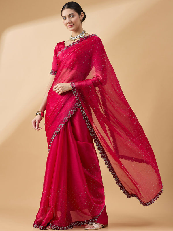 Pink Organza Swaroski Diamond Work Saree with Unstitched Blouse - Radha - Distacart