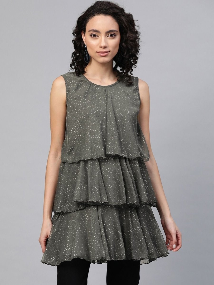 Ahalyaa Women Grey Chiffon Silver Glitter Printed Tiered Tunic