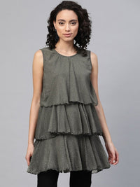 Thumbnail for Ahalyaa Women Grey Chiffon Silver Glitter Printed Tiered Tunic