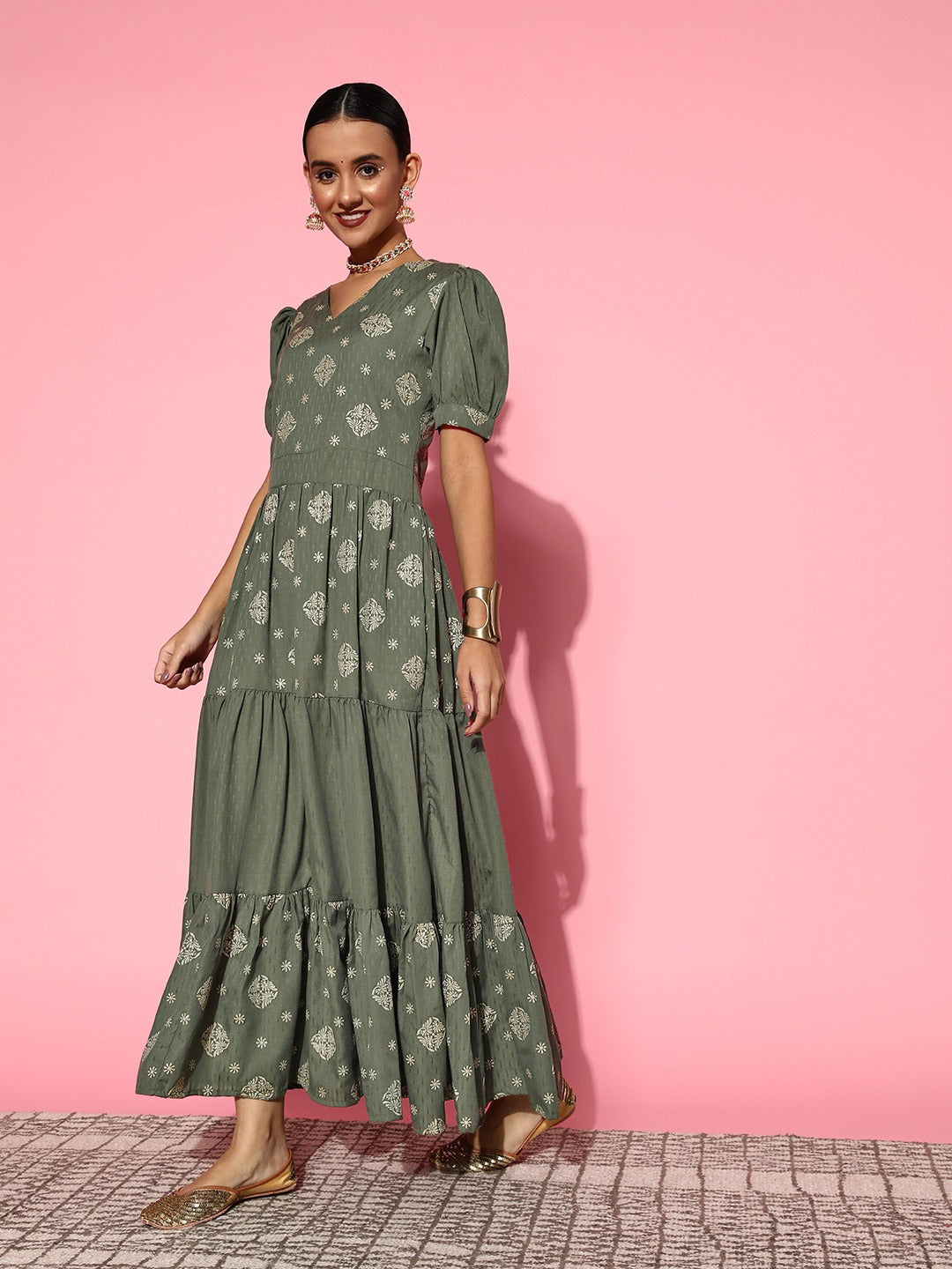 Yufta Olive Green Maxi Dress - Distacart