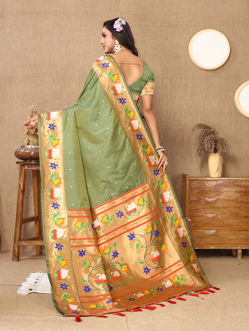 Lorenvalley Fashion Olive Soft Paithani Silk Woven Design Rich Zari Meenakari Weaving Saree