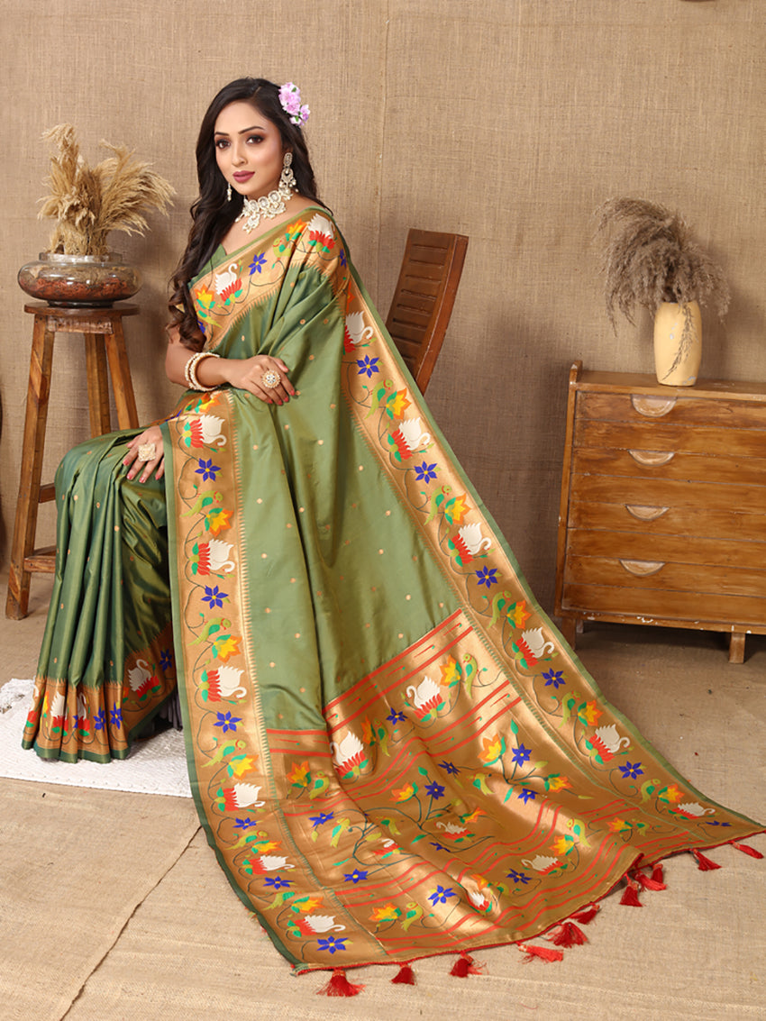 Lorenvalley Fashion Olive Soft Paithani Silk Woven Design Rich Zari Meenakari Weaving Saree