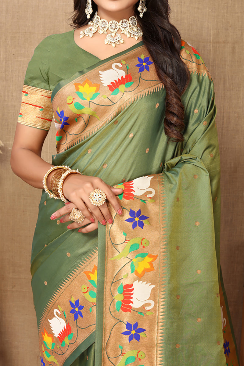 Lorenvalley Fashion Olive Soft Paithani Silk Woven Design Rich Zari Meenakari Weaving Saree
