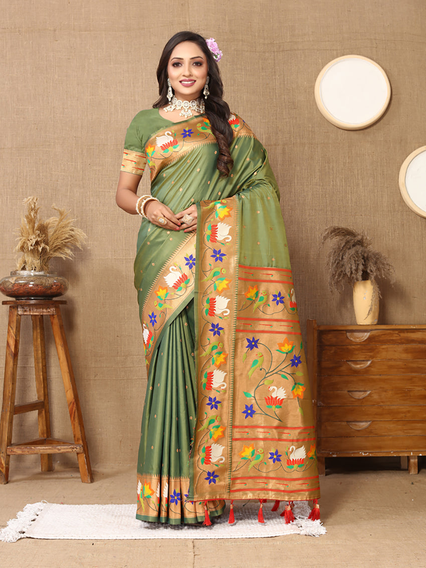 Lorenvalley Fashion Olive Soft Paithani Silk Woven Design Rich Zari Meenakari Weaving Saree