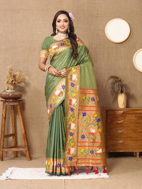 Thumbnail for Lorenvalley Fashion Olive Soft Paithani Silk Woven Design Rich Zari Meenakari Weaving Saree