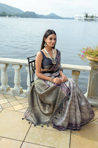Thumbnail for Aastha Fashion Grey Floral Printed Cotton Silk Saree with Blouse - Distacart