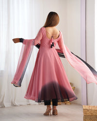 Thumbnail for Lorenvalley Women Pure Soft Faux Georgette Colorful Padding Anarkali Kurta Pant With Dupatta Set - Onionpink