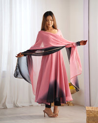 Thumbnail for Lorenvalley Women Pure Soft Faux Georgette Colorful Padding Anarkali Kurta Pant With Dupatta Set - Onionpink