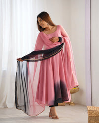 Thumbnail for Lorenvalley Women Pure Soft Faux Georgette Colorful Padding Anarkali Kurta Pant With Dupatta Set - Onionpink