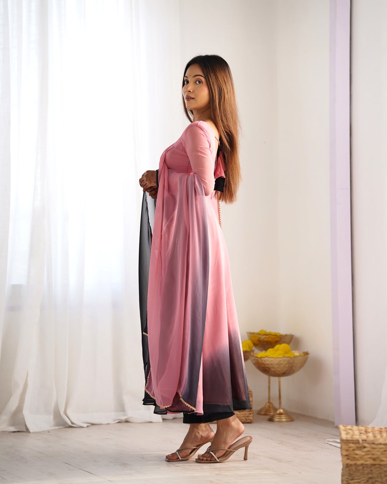 Lorenvalley Women Pure Soft Faux Georgette Colorful Padding Anarkali Kurta Pant With Dupatta Set - Onionpink