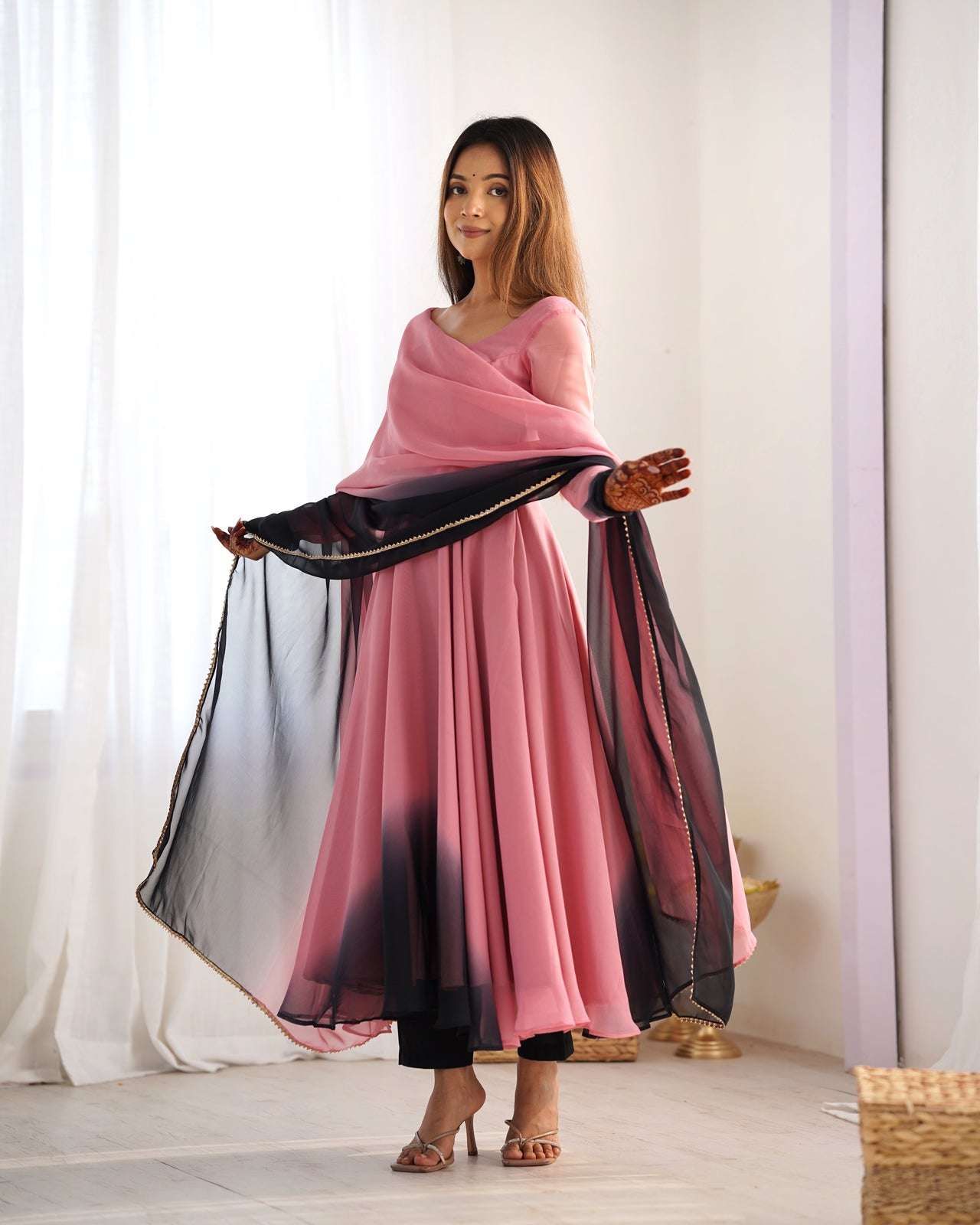 Lorenvalley Women Pure Soft Faux Georgette Colorful Padding Anarkali Kurta Pant With Dupatta Set - Onionpink