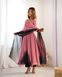 Thumbnail for Lorenvalley Women Pure Soft Faux Georgette Colorful Padding Anarkali Kurta Pant With Dupatta Set - Onionpink