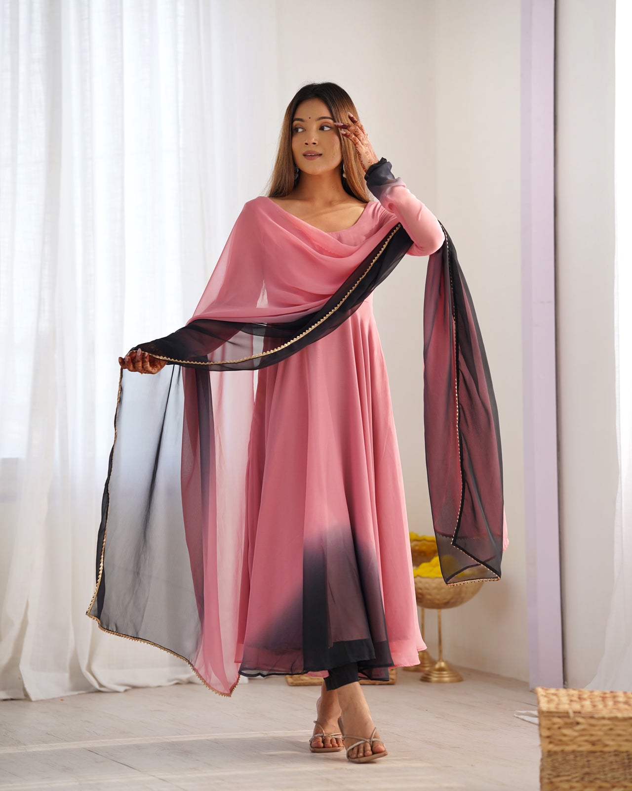 Lorenvalley Women Pure Soft Faux Georgette Colorful Padding Anarkali Kurta Pant With Dupatta Set - Onionpink
